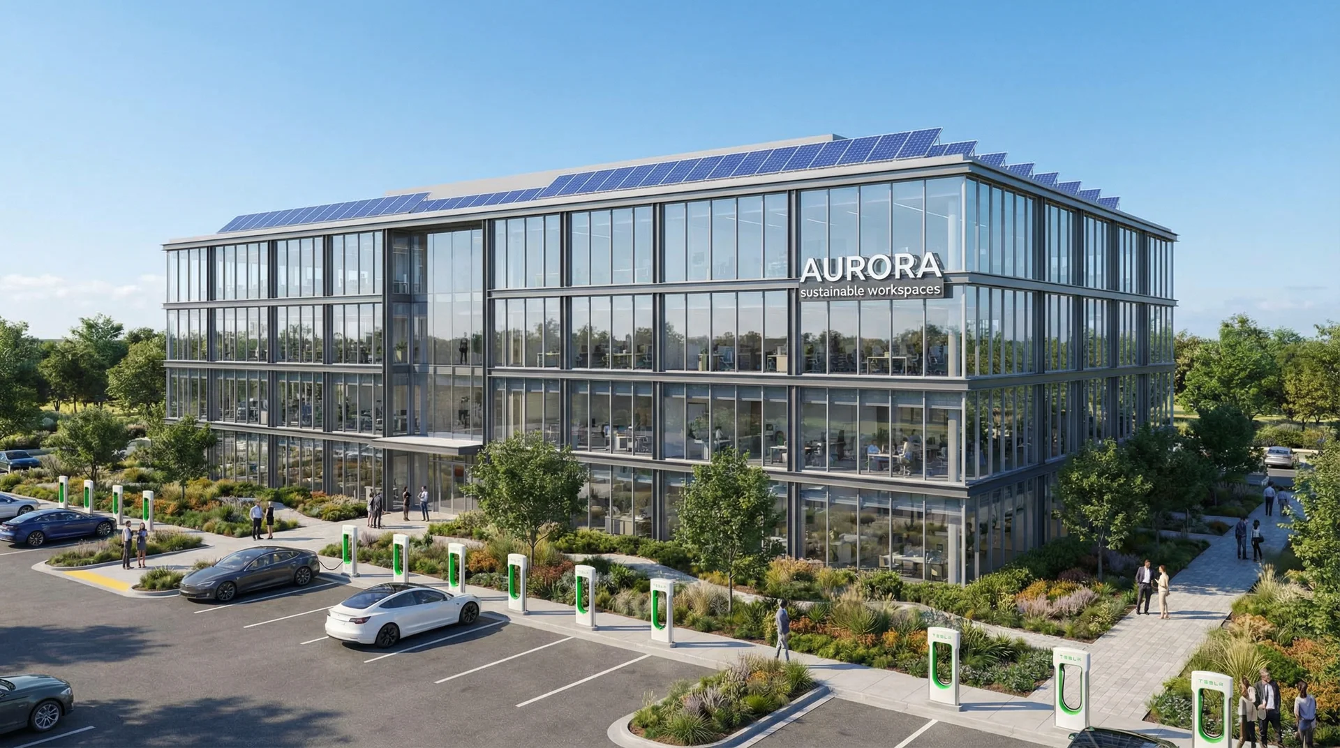 Modernes Bürogebäude mit Solaranlage und E-Ladestationen