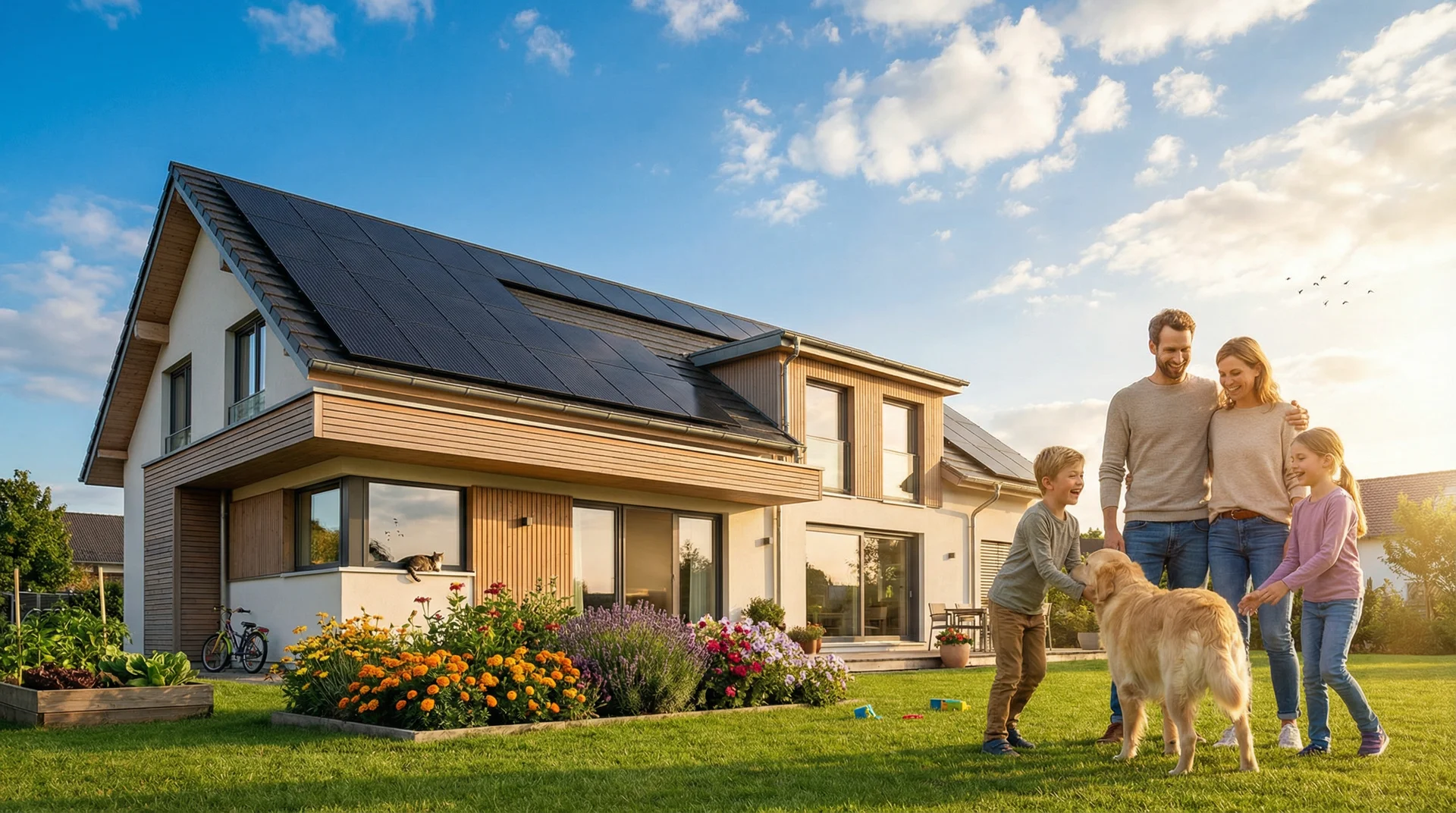 Solaranlage Leipzig - glückliche Familie mit Hund im Garten vor modernem Haus mit Photovoltaik unter blauem Himmel