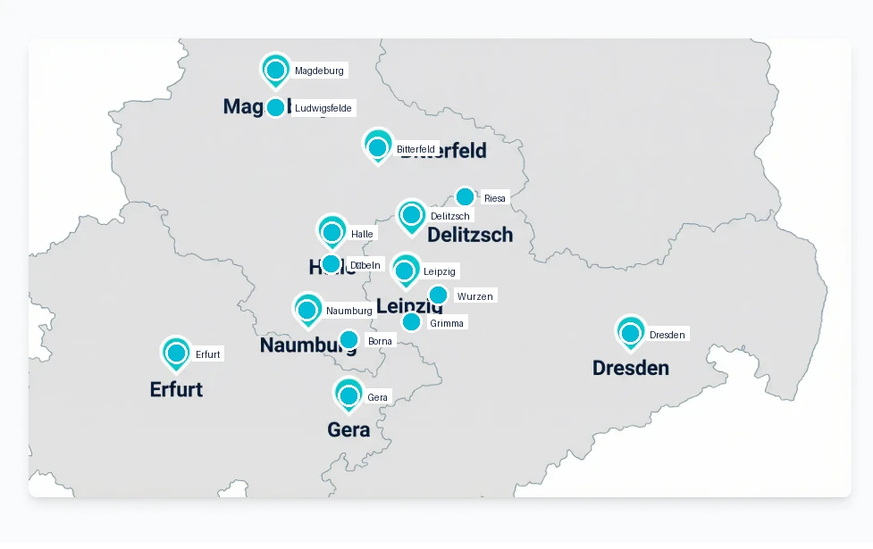 Standortkarte Mitteldeutschland - Leipzig, Dresden, Halle, Magdeburg, Erfurt, Gera, Delitzsch, Naumburg, Bitterfeld, Grimma, Döbeln, Riesa, Ludwigsfelde, Borna, Wurzen
