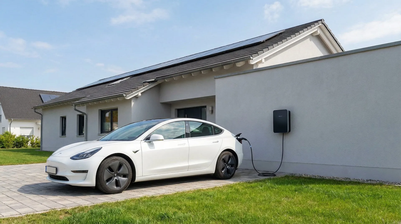E-Auto wird an Wallbox mit Solarstrom geladen